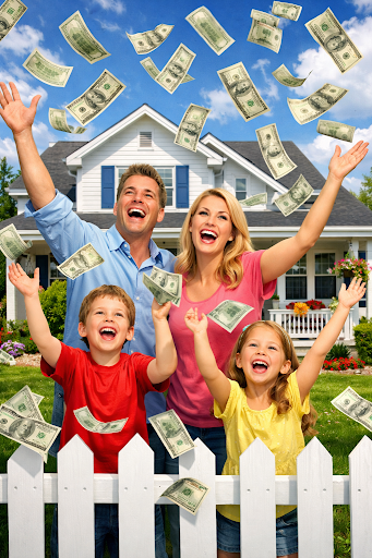 Neighbours celebrating with money in front of their new house