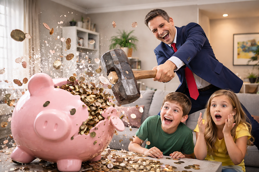Andrew and Charlotte smashing a piggy bank for junior savings